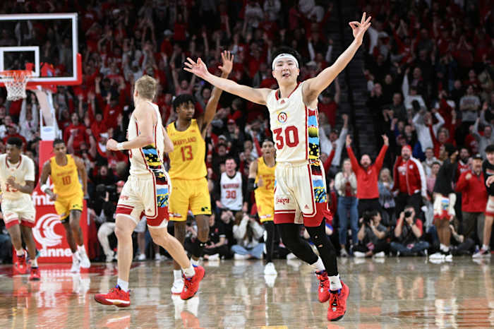 Nebraska Cornhuskers guard Keisei Tominaga (30) reacts after scoring a three-point basket against the Maryland Terrapins in overtime at Pinnacle Bank Arena.